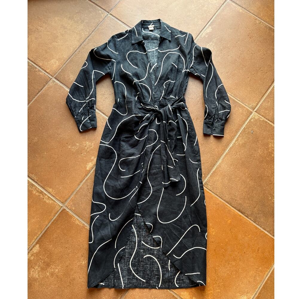 Magaschoni Linen Wrap Shirtdress with Side Tie and Tulip Hem Abstract B/W size 6
